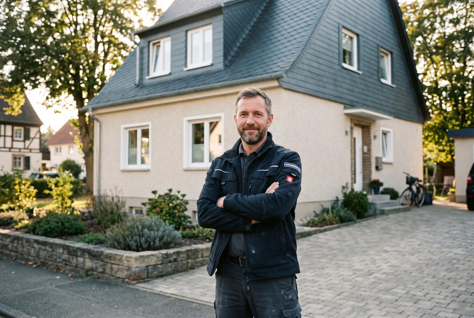 Handwerksmeister vor einem renovierten Einfamilienhaus